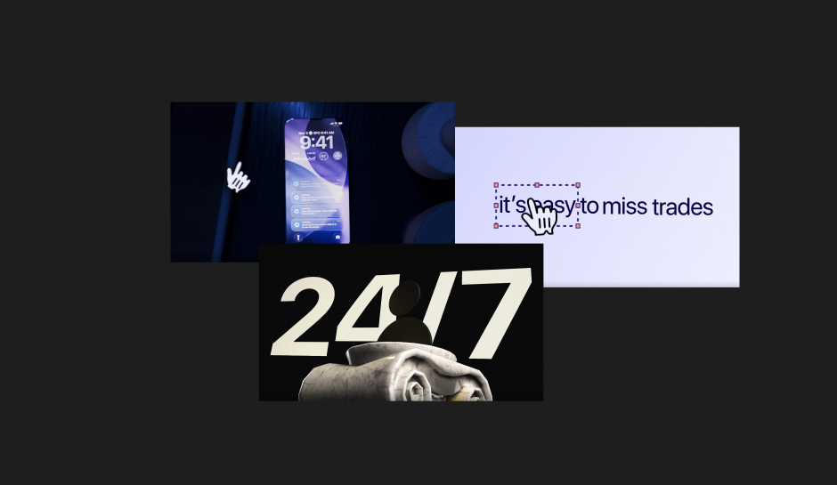 Motion style frames: dark 3D environments with floating interface panels